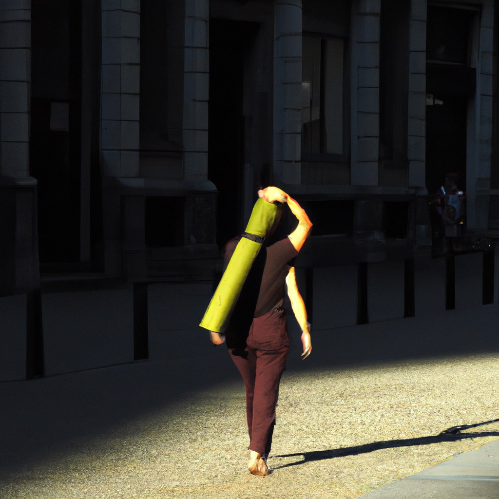 Vroege ochtend in Brussel met persoon die een yogamat draagt